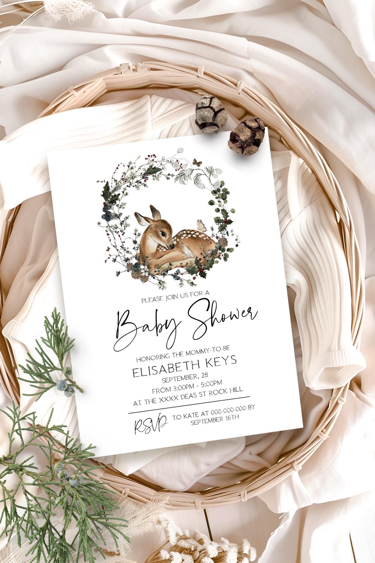 Woodland Baby Shower Invite | 3 Sizes | DIY Christmas Baby Shower Décor