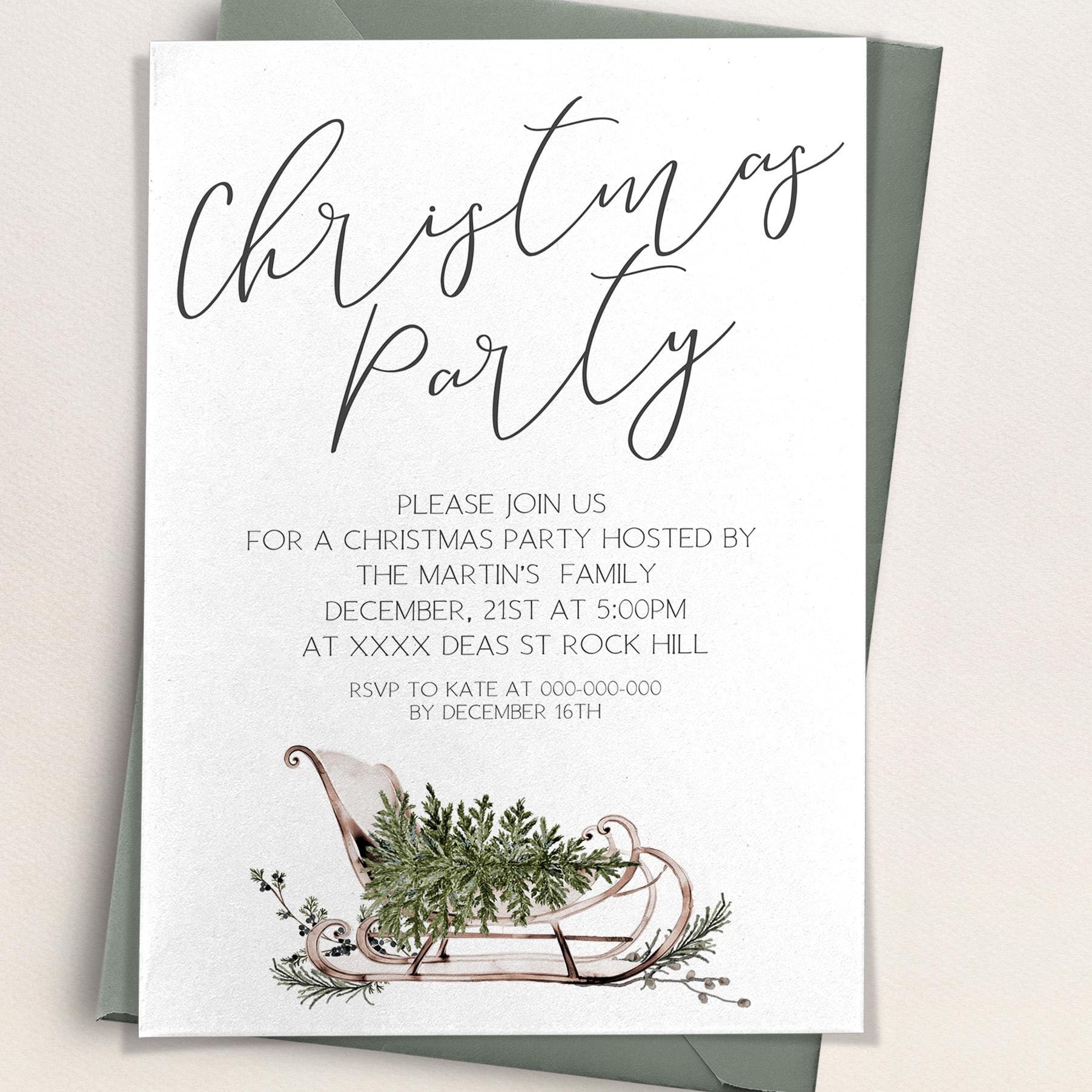 Winter Sleigh Christmas Party Card | 3 Sizes | Personalized Invitations