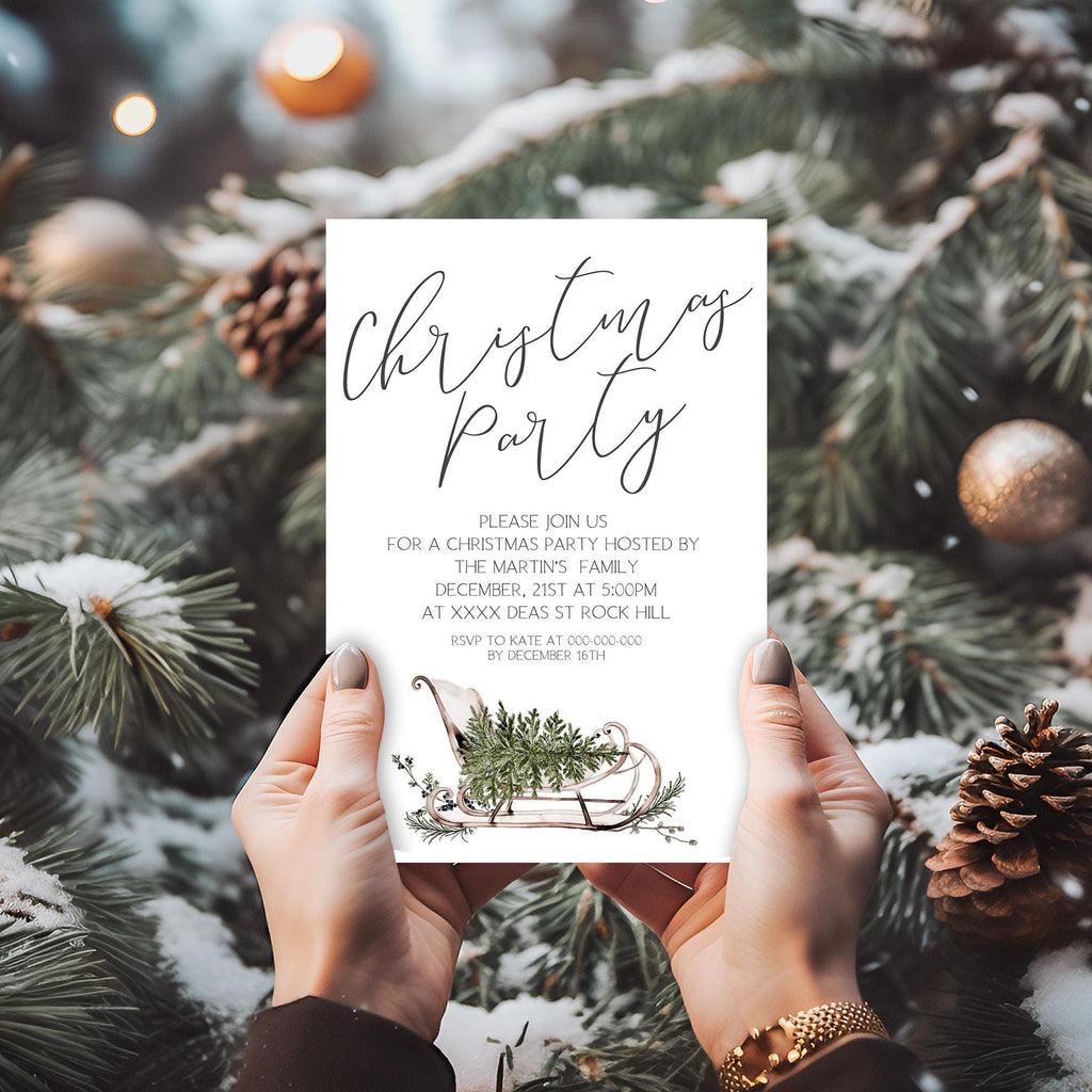 Winter Sleigh Christmas Party Card | 3 Sizes | Personalized Invitations