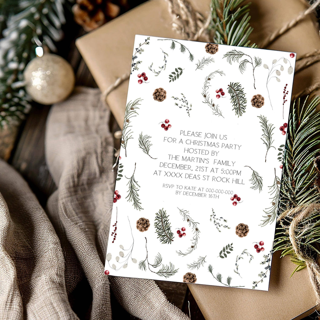 Festive Winter Sprigs Invitation | 3 Sizes | DIY Christmas Party Invite