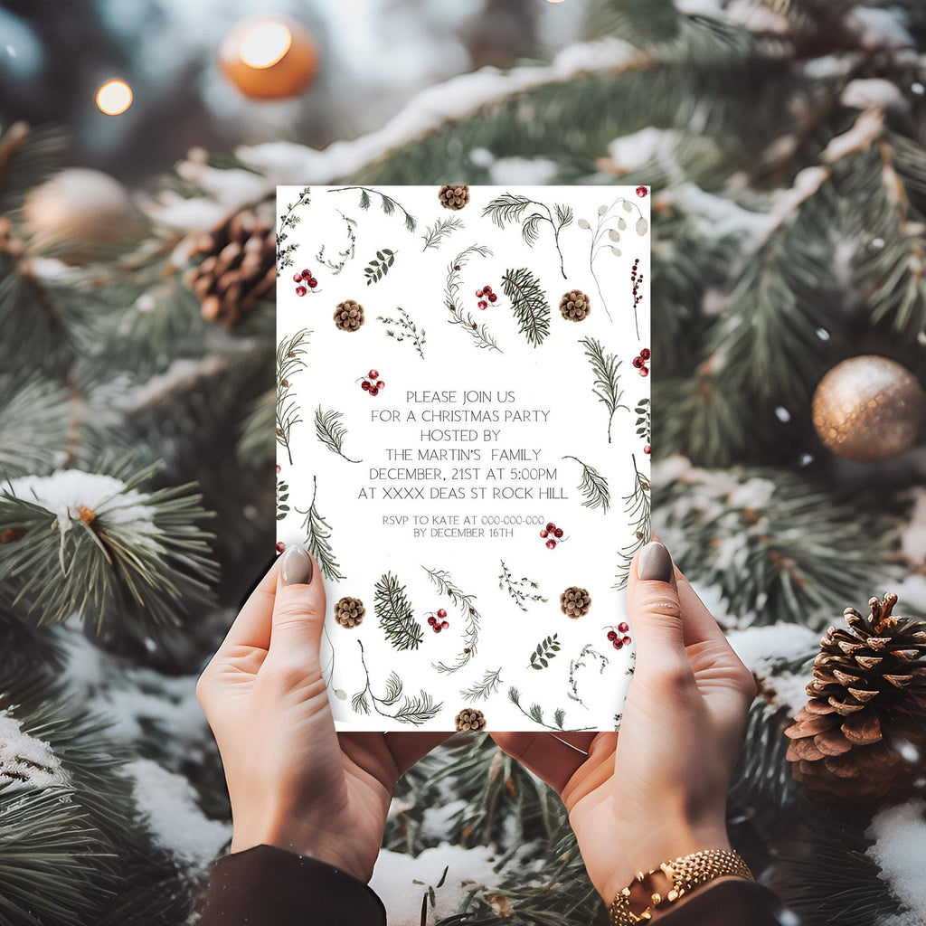 Festive Winter Sprigs Invitation | 3 Sizes | DIY Christmas Party Invite