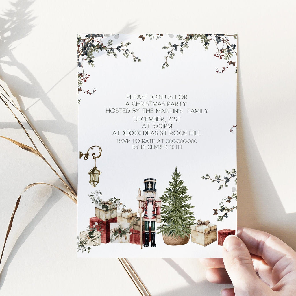 Nutcracker Christmas Party Invite | Winter Greenery | Holiday Card