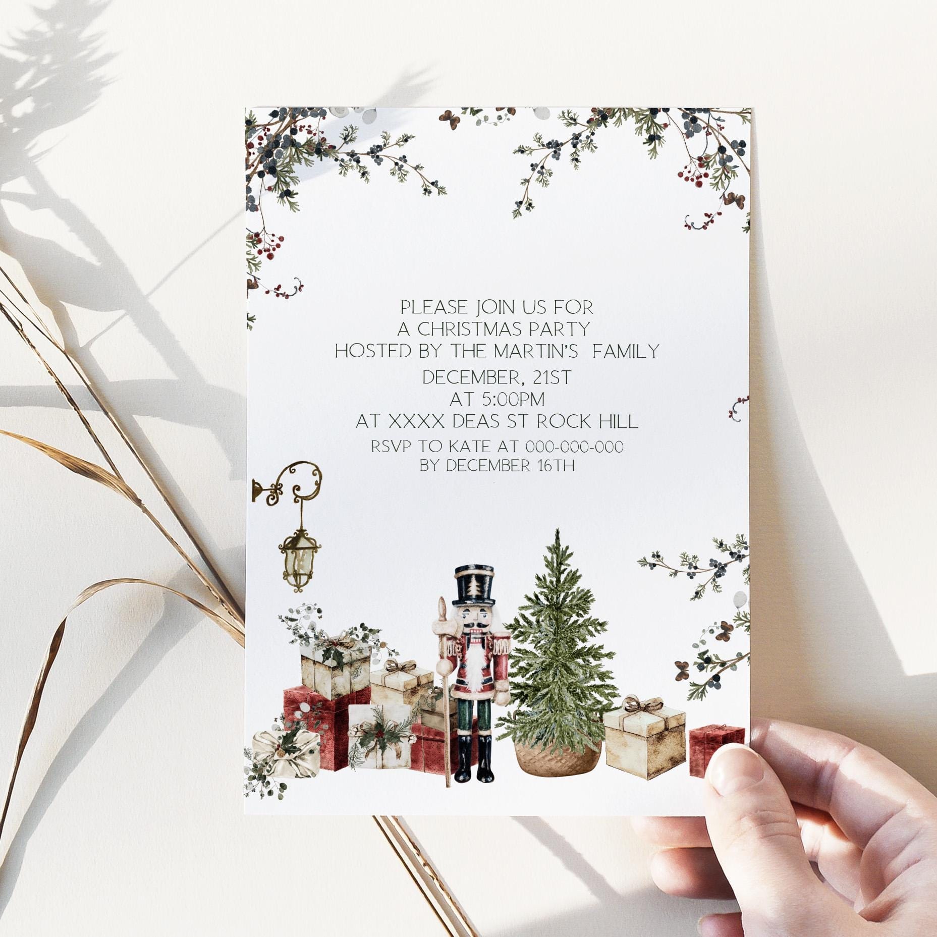 Nutcracker Christmas Party Invite | Winter Greenery | Holiday Card