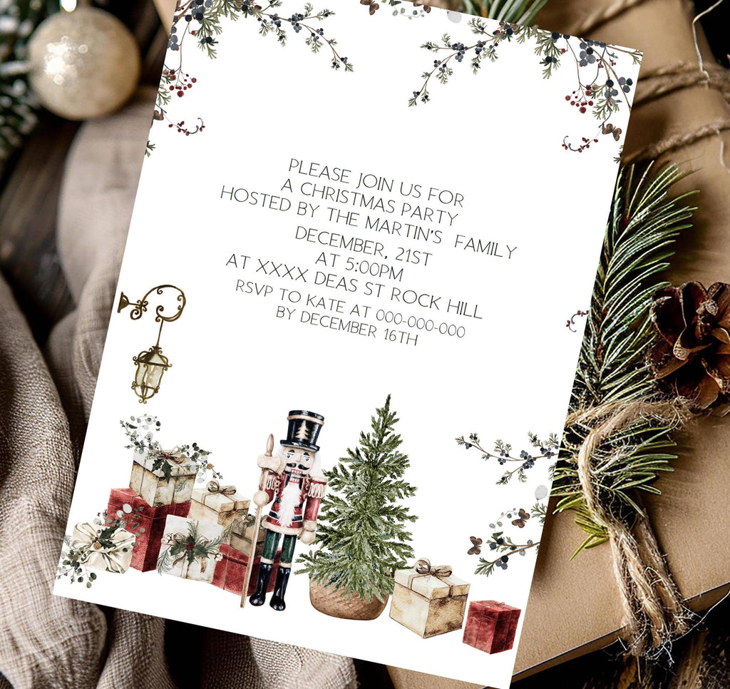 Nutcracker Christmas Party Invite | Winter Greenery | Holiday Card