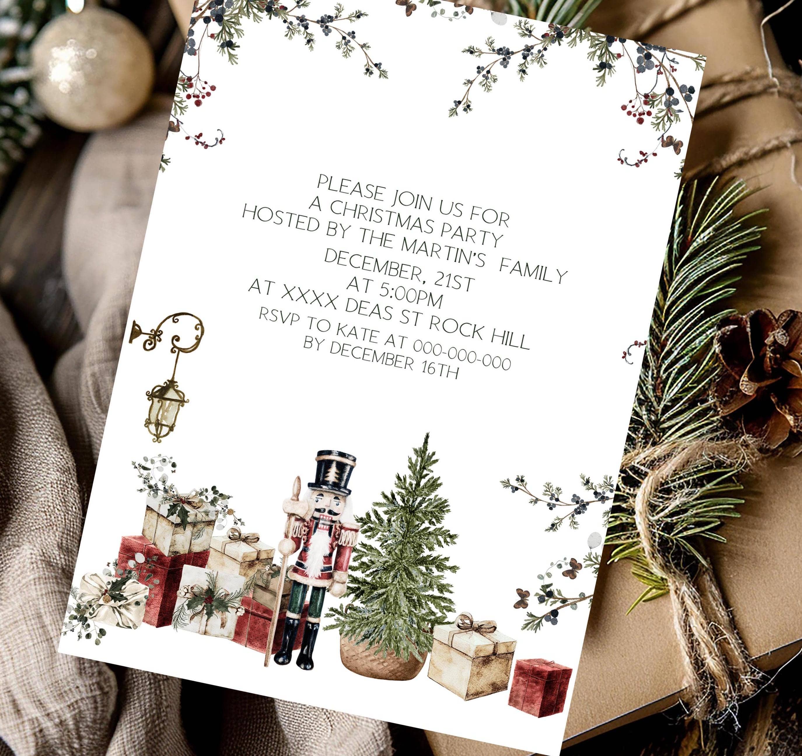 Nutcracker Christmas Party Invite | Winter Greenery | Holiday Card