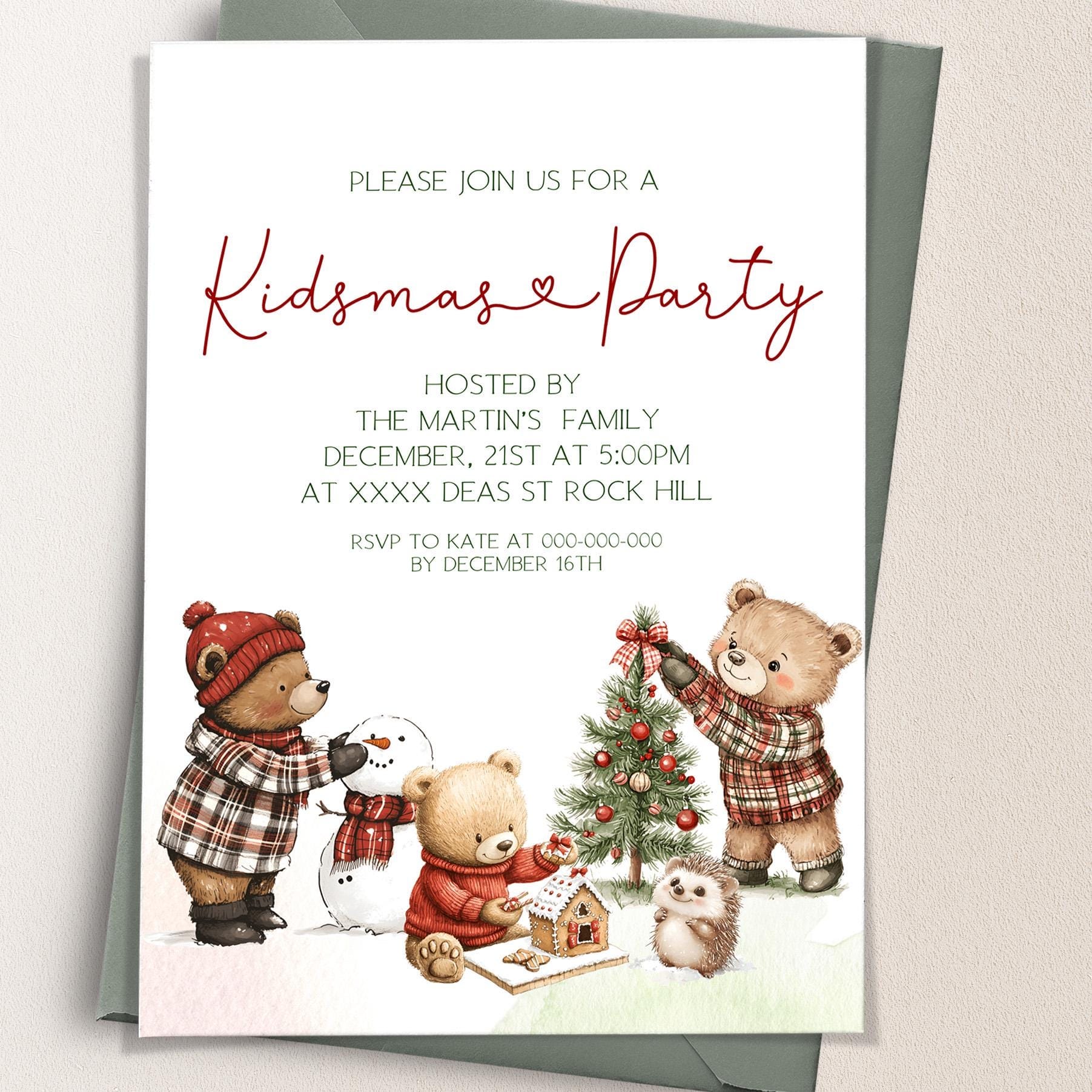 Kidsmas Party Invitations | Teddy Bear Invitations | Kids Holiday Party