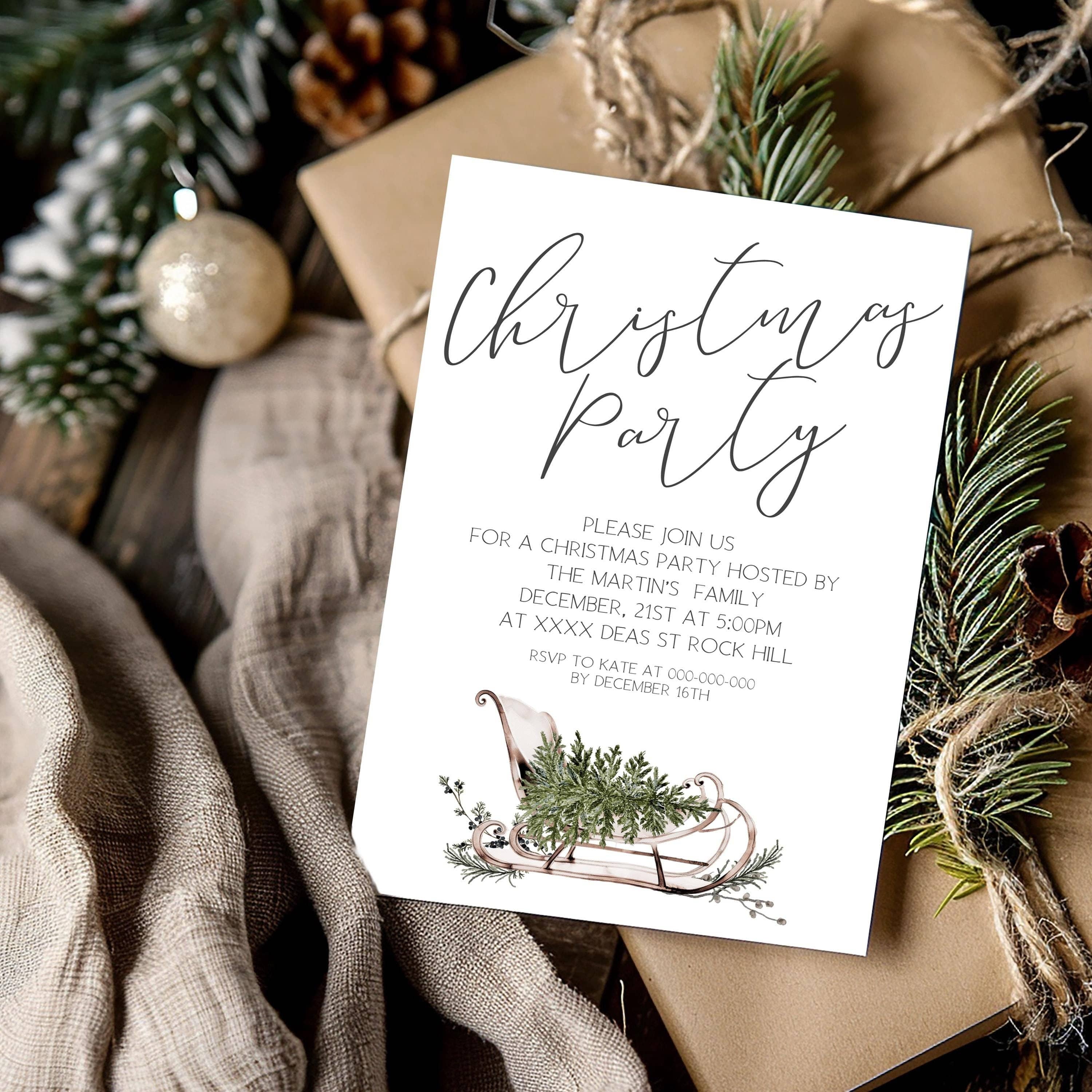 Winter Sleigh Christmas Party Card | 3 Sizes | Personalized Invitations