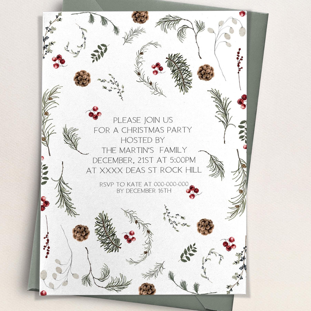 Festive Winter Sprigs Invitation | 3 Sizes | DIY Christmas Party Invite